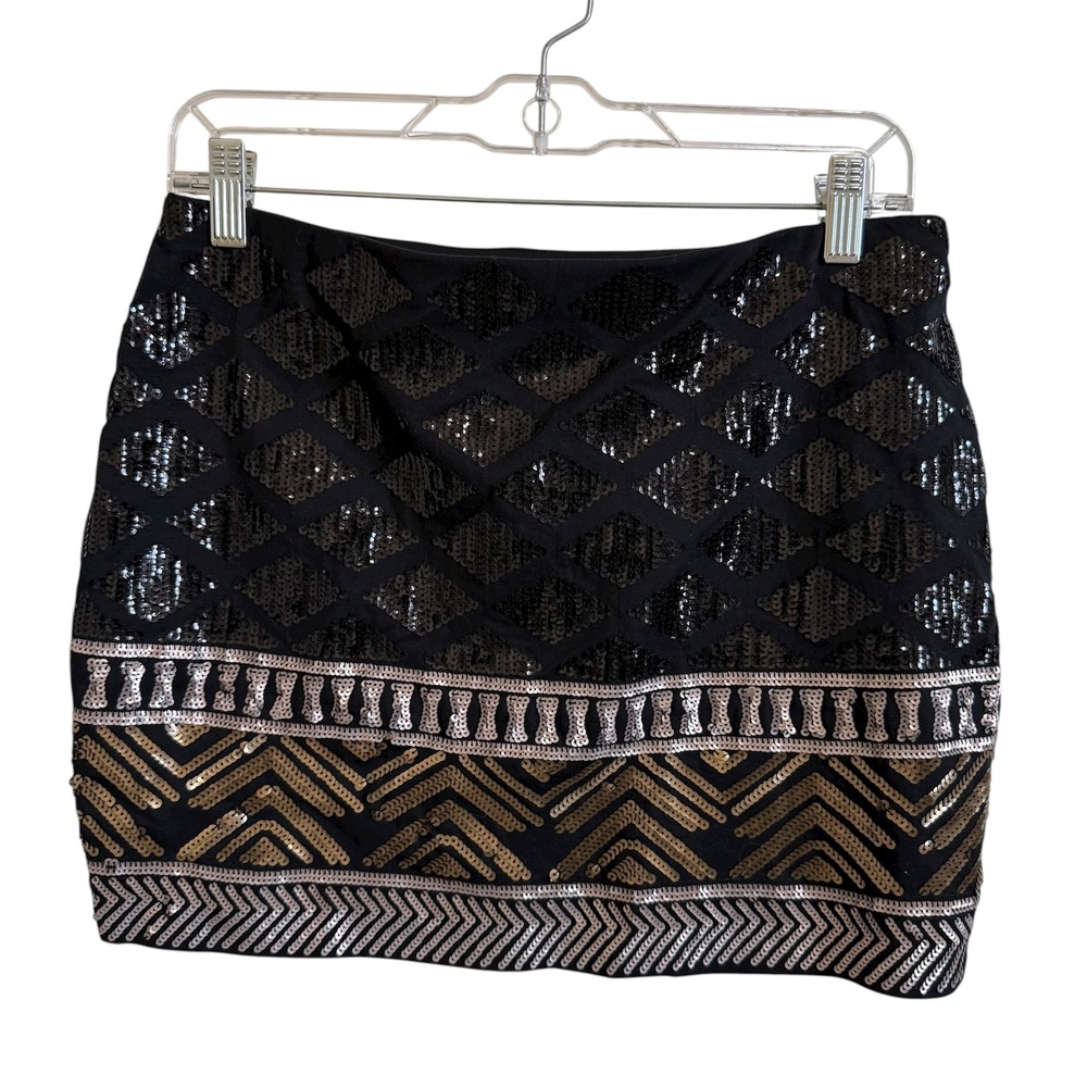 Express Black Sequin Mini Skirt Diamond Chevron Party Cocktail‎ Glam Size S